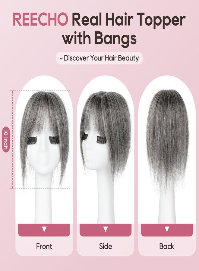REECHO Human Hair Topper with Bangs for Women Real Human Hair Natural Hairpiece for Daily Wear, Medium Brown with Highlights - Image 4