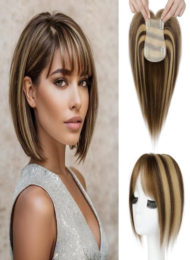 REECHO Human Hair Topper with Bangs for Women Real Human Hair Natural Hairpiece for Daily Wear, Medium Brown with Highlights - Image 1