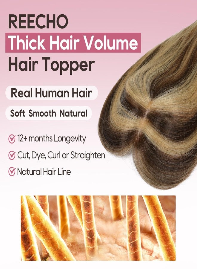 REECHO Human Hair Topper with Bangs for Women Real Human Hair Natural Hairpiece for Daily Wear, Medium Brown with Highlights - Image 2