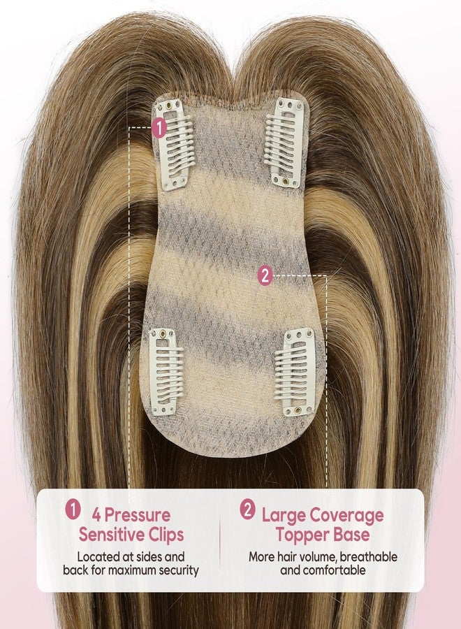 REECHO Human Hair Topper with Bangs for Women Real Human Hair Natural Hairpiece for Daily Wear, Medium Brown with Highlights - Image 3