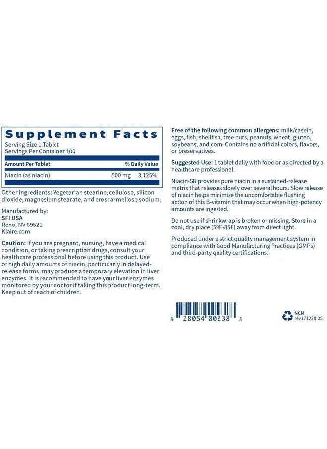 Klaire Labs - Niacin-SR - 500 Milligrams Sustained Release Essential Vitamin B3 to Help Avoid Flush, Adjustable Dose & Hypoallergenic (100 Scored Tablets) - Image 1