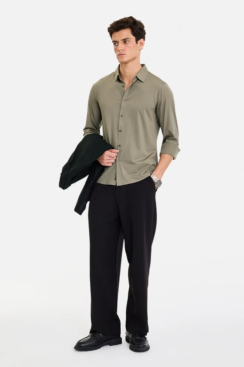 SNITCH Olive Solid Long Sleeve Regular Fit Casual Shirt