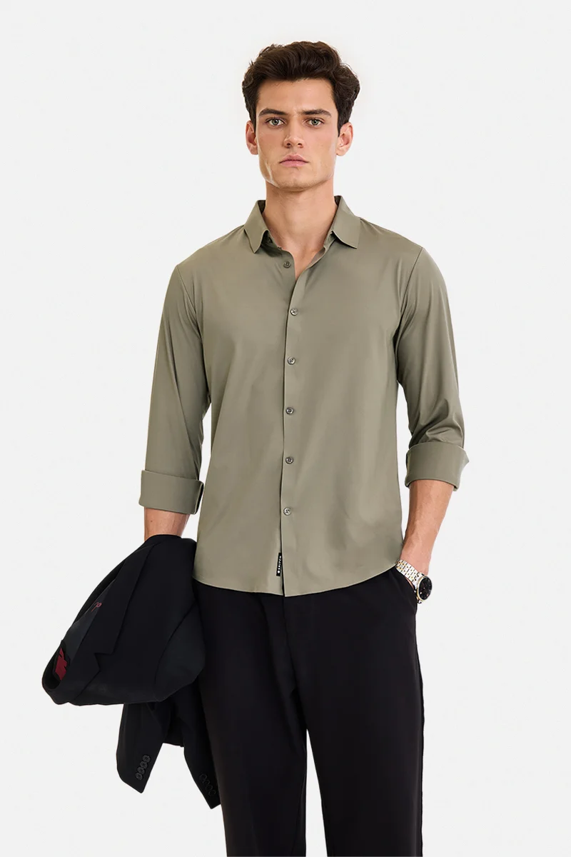 SNITCH Olive Solid Long Sleeve Regular Fit Casual Shirt