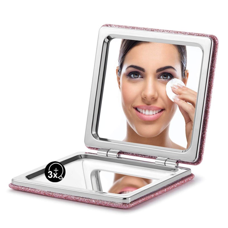 OMIRO Compact Mirror Glitter PU 1X3X Magnification Ultra Portable for Purses Pink