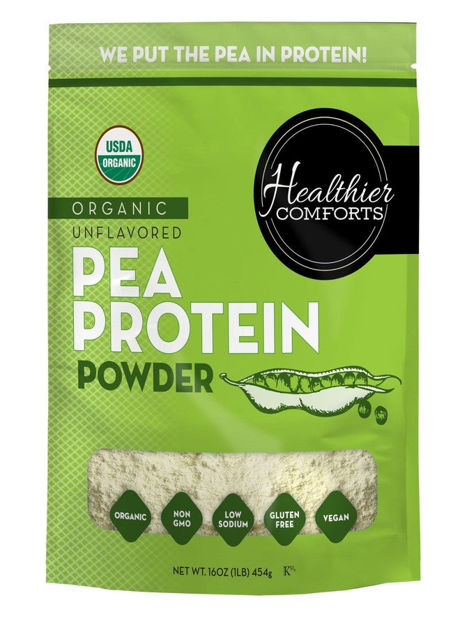 Healthier Comforts مسحوق بروتين البازلاء العضوي غير المنكه من هيلثيير كومفورتس - قليل الصوديوم (1 رطل) | مزروع ومعالج في الولايات المتحدة الأمريكية | بروتين نباتي 100% | كوشير، خالٍ من الغلوتين، غير معدل وراثيًا، مناسب لنظام الكيتو (16 أونصة) - Image 1