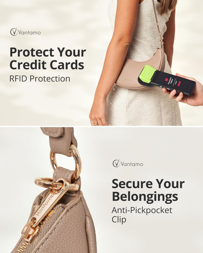 Vantamo Crescent Bags For Women with RFID Protection, Half Moon Clutch Purses for Women with Anti-Theft Clip for Extra Safety, Premium PU Leather Handbags for Work & Going Out, Taupe Beige Purse - Image 4