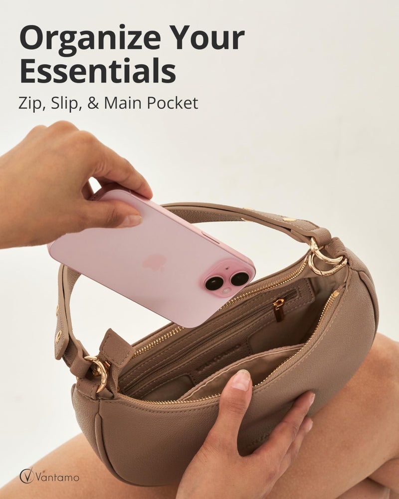 Vantamo Crescent Bags For Women with RFID Protection, Half Moon Clutch Purses for Women with Anti-Theft Clip for Extra Safety, Premium PU Leather Handbags for Work & Going Out, Taupe Beige Purse - Image 3