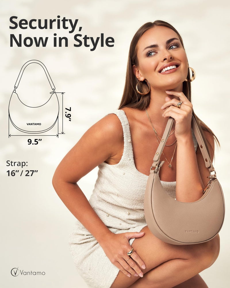 Vantamo Crescent Bags For Women with RFID Protection, Half Moon Clutch Purses for Women with Anti-Theft Clip for Extra Safety, Premium PU Leather Handbags for Work & Going Out, Taupe Beige Purse - Image 2