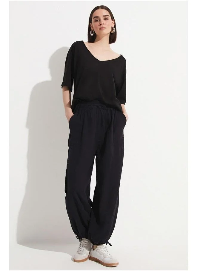JUNE June 100% Cotton Loose Fit V Neck Tshirt Black