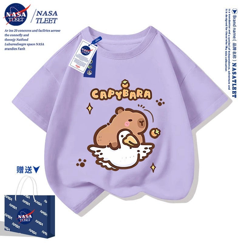 Nasa Joint Cartoon Cotton Short-Sleeved New All-Match Cabibala Crewneck T-Shirt Cute Capybara Printed Top - Image 2