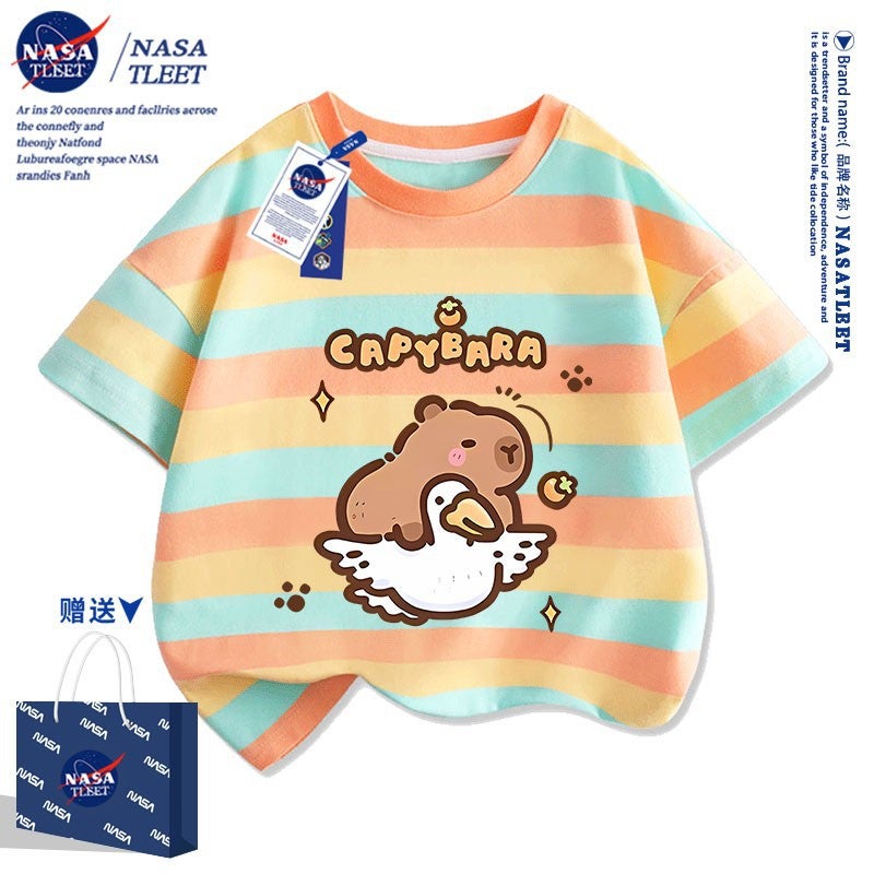 Nasa Joint Cartoon Cotton Short-Sleeved New All-Match Cabibala Crewneck T-Shirt Cute Capybara Printed Top - Image 1