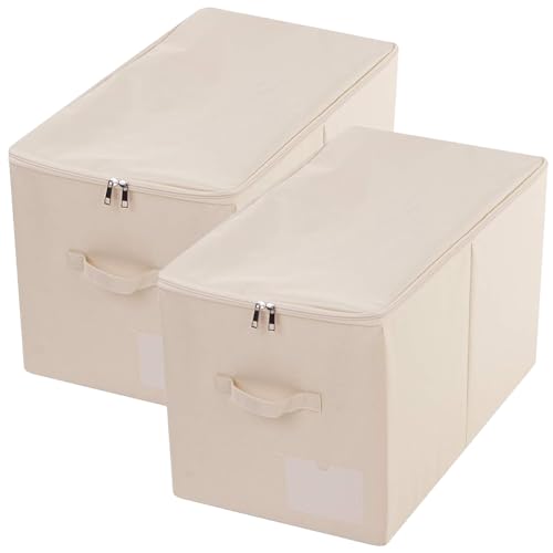 iwill CREATE PRO Pack of 2, Zip Lidded Wardrobe Storage Bins,Collapsible Fabric Storage Boxes for Clothing, Bedding, Toys, Blankets Organizer, Foldable & Washable, Beige - Image 1