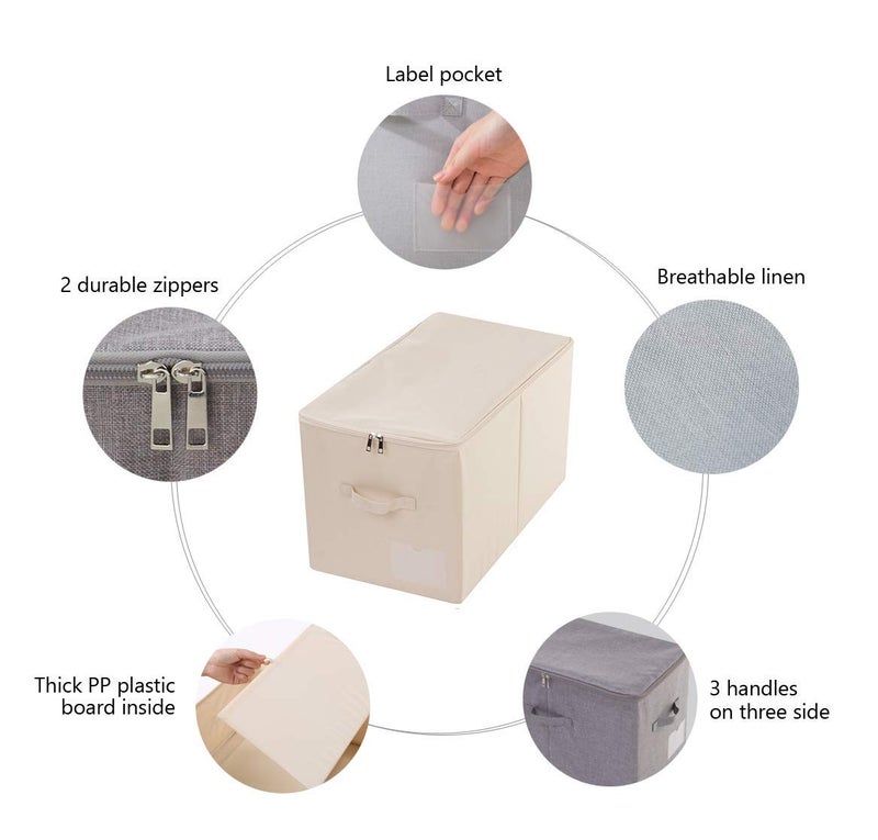 iwill CREATE PRO Pack of 2, Zip Lidded Wardrobe Storage Bins,Collapsible Fabric Storage Boxes for Clothing, Bedding, Toys, Blankets Organizer, Foldable & Washable, Beige - Image 3