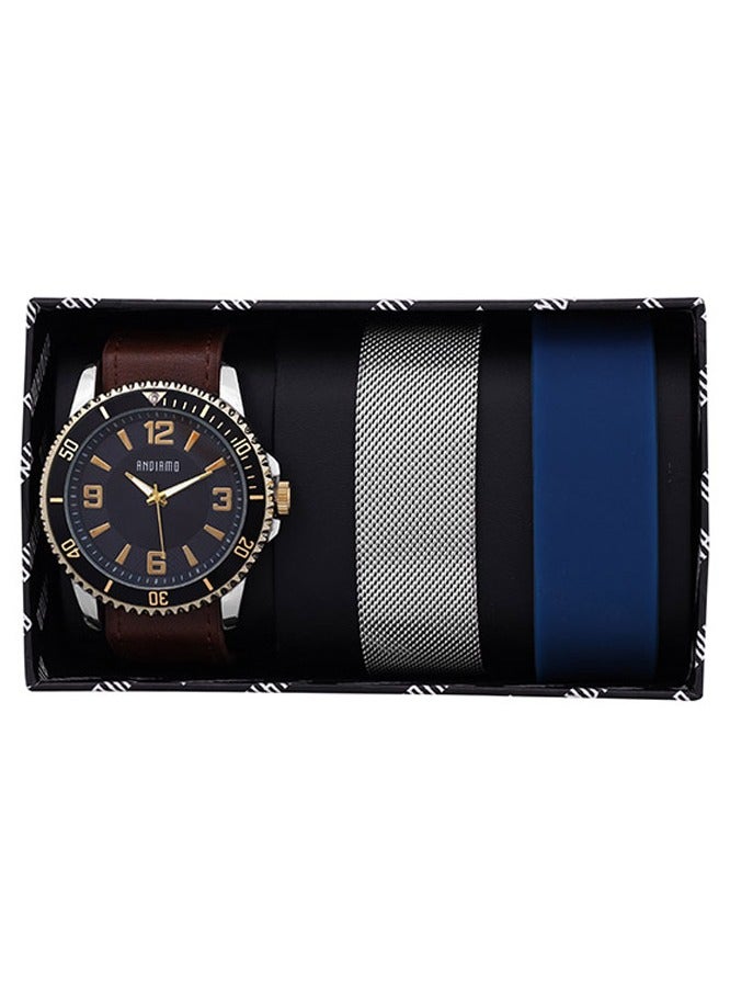 ANDIAMO Men's Analog Silver Case Black Dial Set Watch 