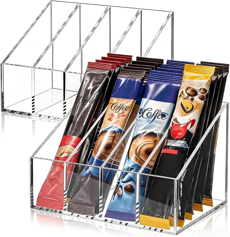 ELFULLY 2 Pack Drink Packet Organizers, Clear Acrylic Water Flavor Packet Storage, 4 Compartments Sugar Packet Holder, Tea Bag Holders for Kitchen Drink Station Refrigerator Organizers Bins Cabinets - Image 1