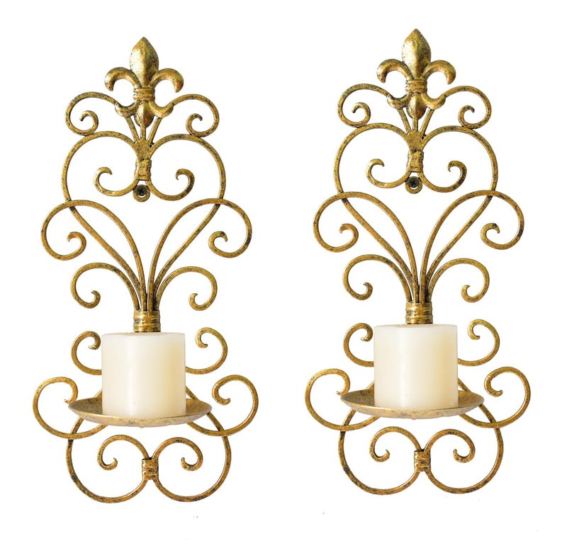 JUCONSIN Wall Sconces Candle Holder Set of 2 Metal Wall Decorations Hanging Wall Mounted Candle Sconces for Living Room Dining Room Gold - Image 2