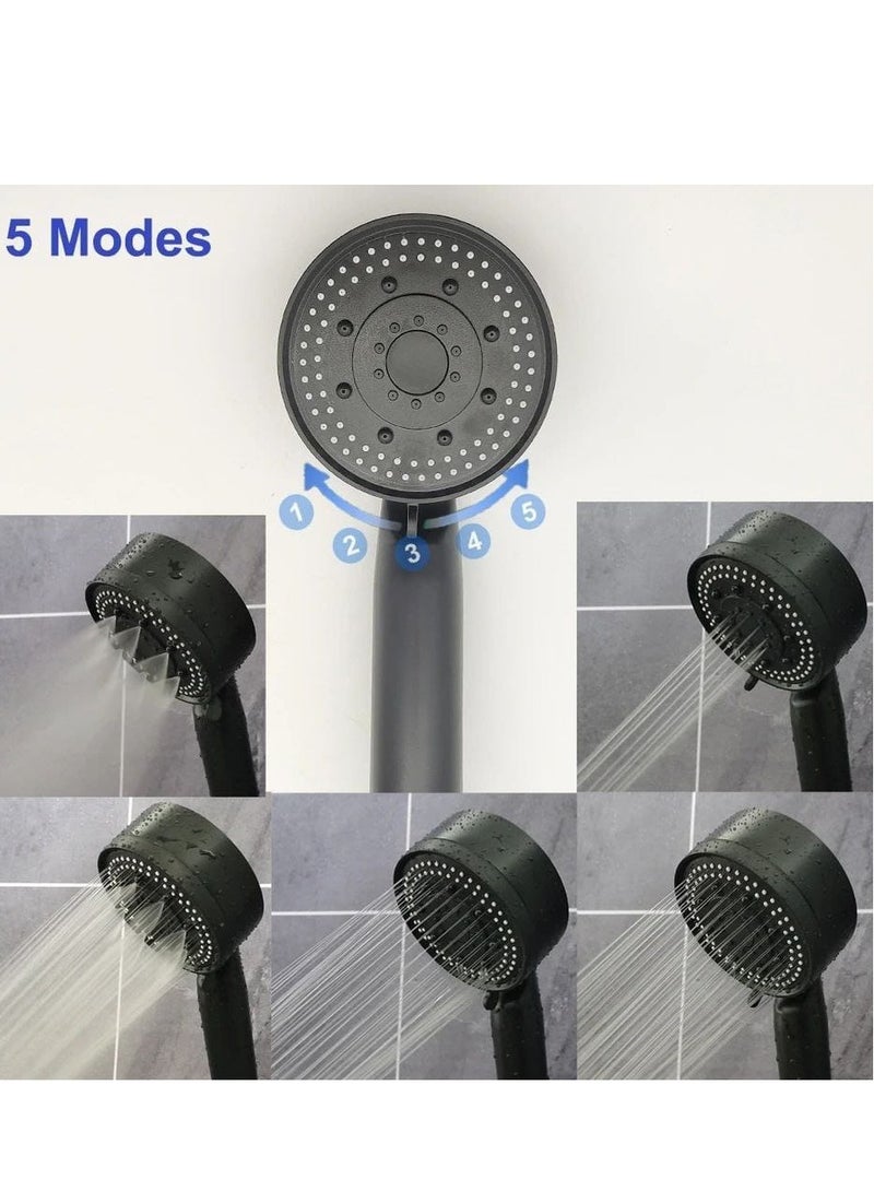 رأس دش محمول قابل للتعديل موفر للمياه بضغط عالي مع مروحة داخلية، تصميم أنيق بخمسة اوضاع، رأس دش بزر تشغيل/إيقاف، لون أسود - Image 3