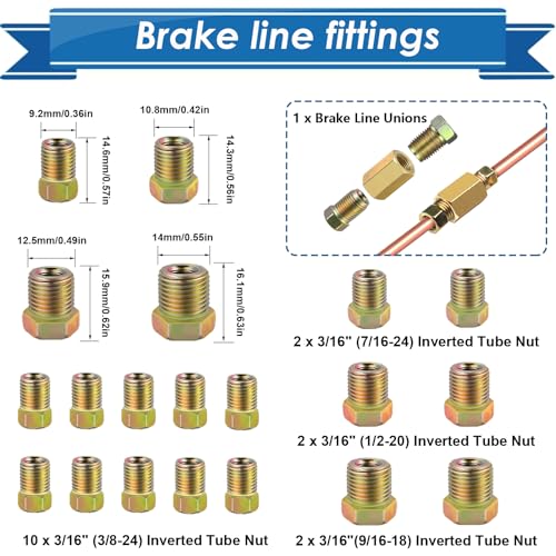Eoppen 316inch x 25 ft Brake Line Tubing Kit Flexible Copper Coated Alloy Brake Line Tubing Coil with 18 Inverted Flare Fittings and 1 Unions SAE Standard - Image 3