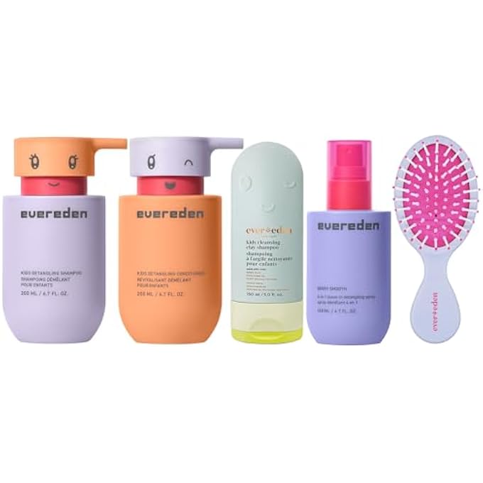 Evereden Ultimate Kids Haircare Set: Detangling Shampoo & Conditioner, 4-in-1 Detangler Spray, After Swim Shampoo, and Detangling Hair Brush | Gentle, Vegan Hair Care for All Kids' Hair Types