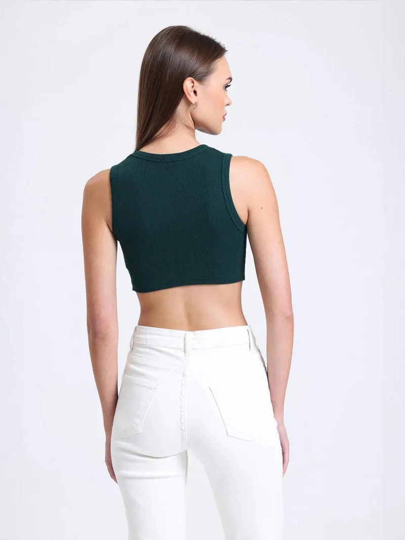 Hiccup Sacramento Green Crew Neck Crop Top with a V-Shaped Front for Women | Best Price UAE