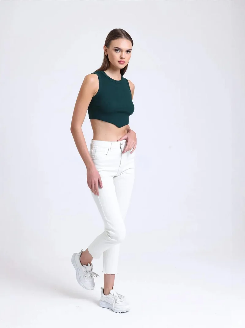 Hiccup Sacramento Green Crew Neck Crop Top with a V-Shaped Front for Women | Best Price UAE