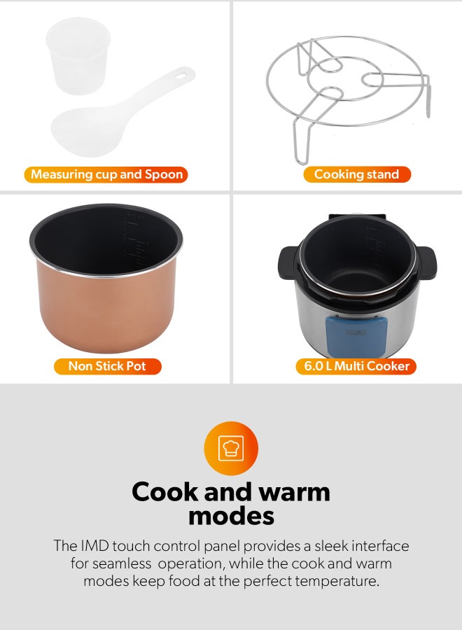 GEEPAS 6 L Digital Multi Cooker| IMD Touch Control Panel, 12 Cooking Programs, Cook and Warm Modes| Faster Cooking and Energy Efficient | Perfect for Preparing Meat, Rice, Vegetable, etc.| 2 Years Warranty GMC35053 6 L 1000 W GMC35053 Silver & Black - Image 5