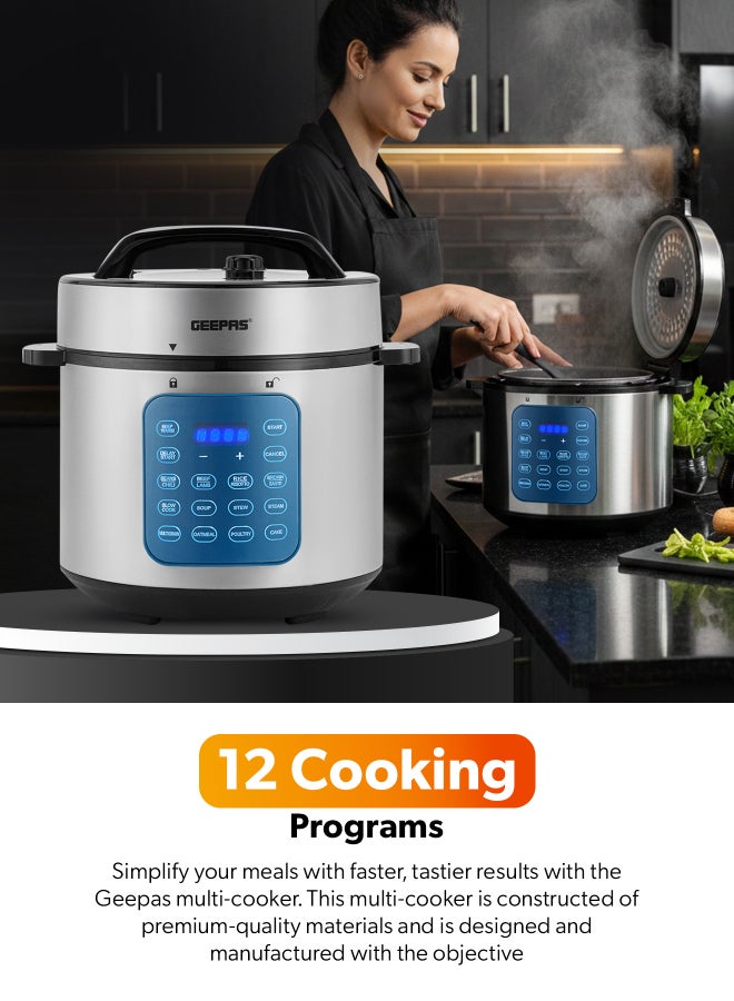 GEEPAS 6 L Digital Multi Cooker| IMD Touch Control Panel, 12 Cooking Programs, Cook and Warm Modes| Faster Cooking and Energy Efficient | Perfect for Preparing Meat, Rice, Vegetable, etc.| 2 Years Warranty GMC35053 6 L 1000 W GMC35053 Silver & Black - Image 2
