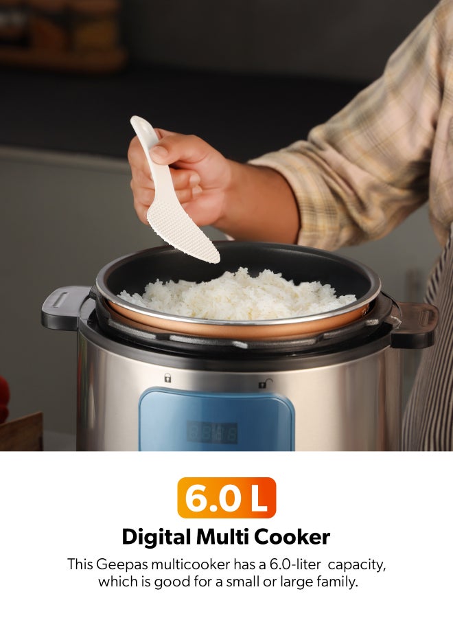 GEEPAS 6 L Digital Multi Cooker| IMD Touch Control Panel, 12 Cooking Programs, Cook and Warm Modes| Faster Cooking and Energy Efficient | Perfect for Preparing Meat, Rice, Vegetable, etc.| 2 Years Warranty GMC35053 6 L 1000 W GMC35053 Silver & Black - Image 4