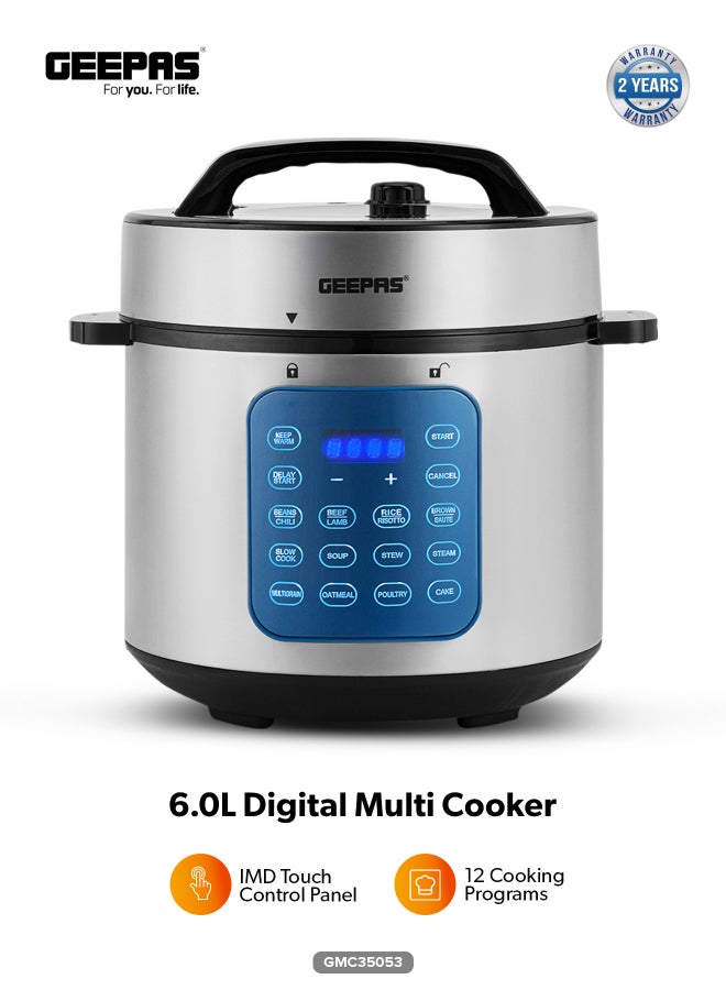 GEEPAS 6 L Digital Multi Cooker| IMD Touch Control Panel, 12 Cooking Programs, Cook and Warm Modes| Faster Cooking and Energy Efficient | Perfect for Preparing Meat, Rice, Vegetable, etc.| 2 Years Warranty GMC35053 6 L 1000 W GMC35053 Silver & Black - Image 1