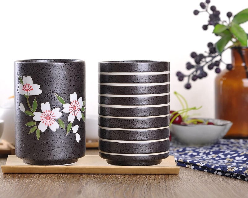 WHJY WHJY 10oz Transitional ChineseJapanese style Handleless Ceramic Tea cups teacup Cherry Bloom  Line Pattern Set of 2  - Image 5