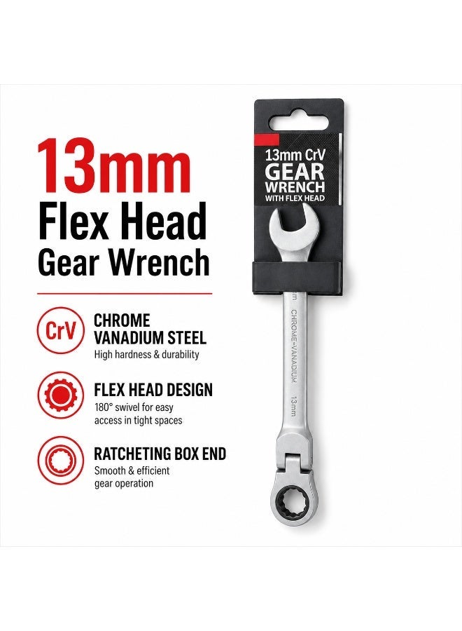 13mm Flex Head Ratcheting Gear Wrench, Chrome Vanadium Steel Combination Spanner With Open End & Ratchet Ring End For Automotive, Garage, Workshop & DIY Repair - Image 1