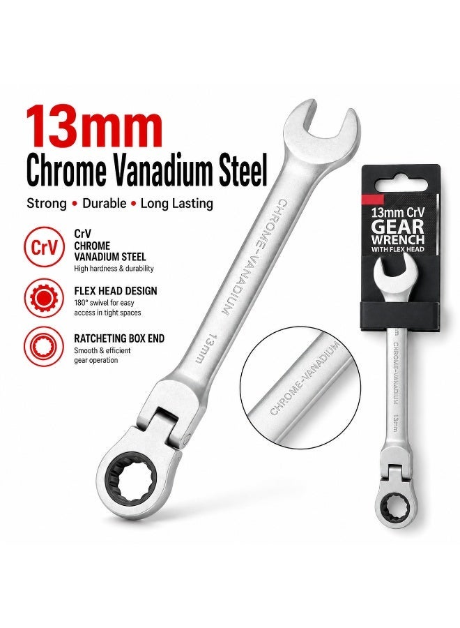 13mm Flex Head Ratcheting Gear Wrench, Chrome Vanadium Steel Combination Spanner With Open End & Ratchet Ring End For Automotive, Garage, Workshop & DIY Repair - Image 2