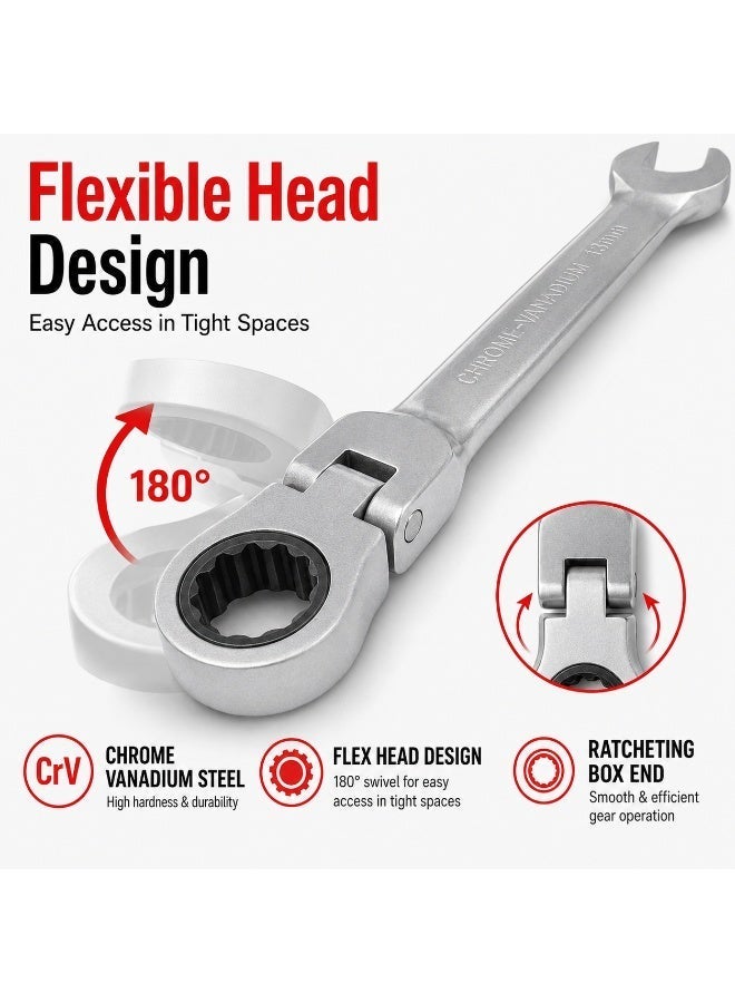 13mm Flex Head Ratcheting Gear Wrench, Chrome Vanadium Steel Combination Spanner With Open End & Ratchet Ring End For Automotive, Garage, Workshop & DIY Repair - Image 3