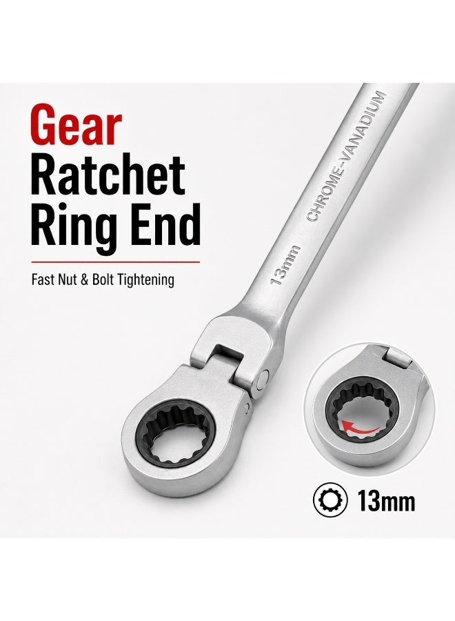 13mm Flex Head Ratcheting Gear Wrench, Chrome Vanadium Steel Combination Spanner With Open End & Ratchet Ring End For Automotive, Garage, Workshop & DIY Repair - Image 4
