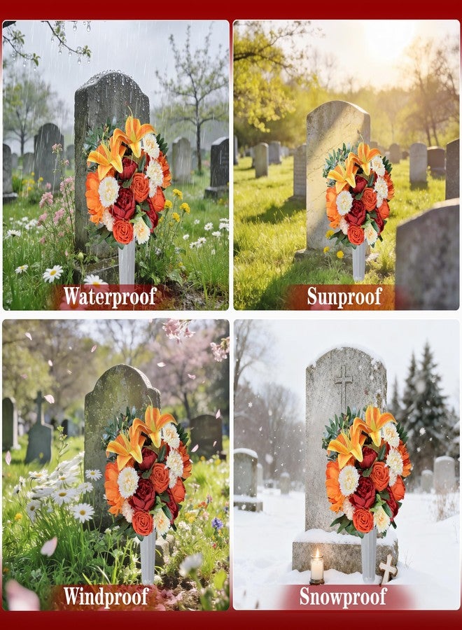 HENOMO Artificial Cemetery Flower with Vase for Headstone, Outdoor Grave Decoration，Florist-Arranged Memorial Bouquet:Orange Rose and White Mum Mix,Easy Fit - Image 2