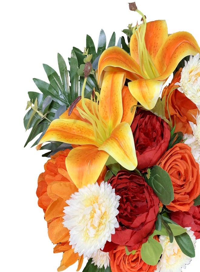 HENOMO Artificial Cemetery Flower with Vase for Headstone, Outdoor Grave Decoration，Florist-Arranged Memorial Bouquet:Orange Rose and White Mum Mix,Easy Fit - Image 4