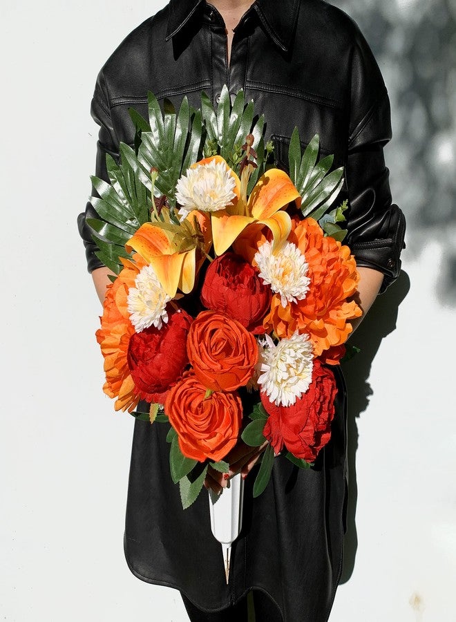 HENOMO Artificial Cemetery Flower with Vase for Headstone, Outdoor Grave Decoration，Florist-Arranged Memorial Bouquet:Orange Rose and White Mum Mix,Easy Fit - Image 3