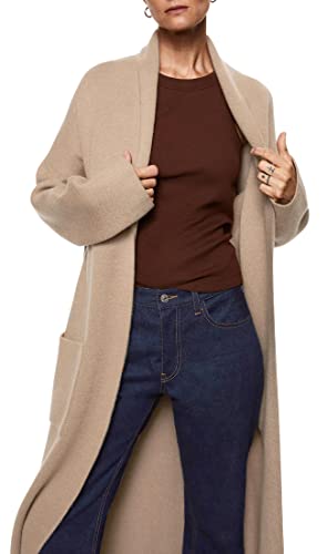 Fazortev Womens Long Sleeve Maxi Cardigan Open Front Oversized Knitted Sweater Coat Casual Lapel Warm Overcoat with Pockets Beige - Image 2