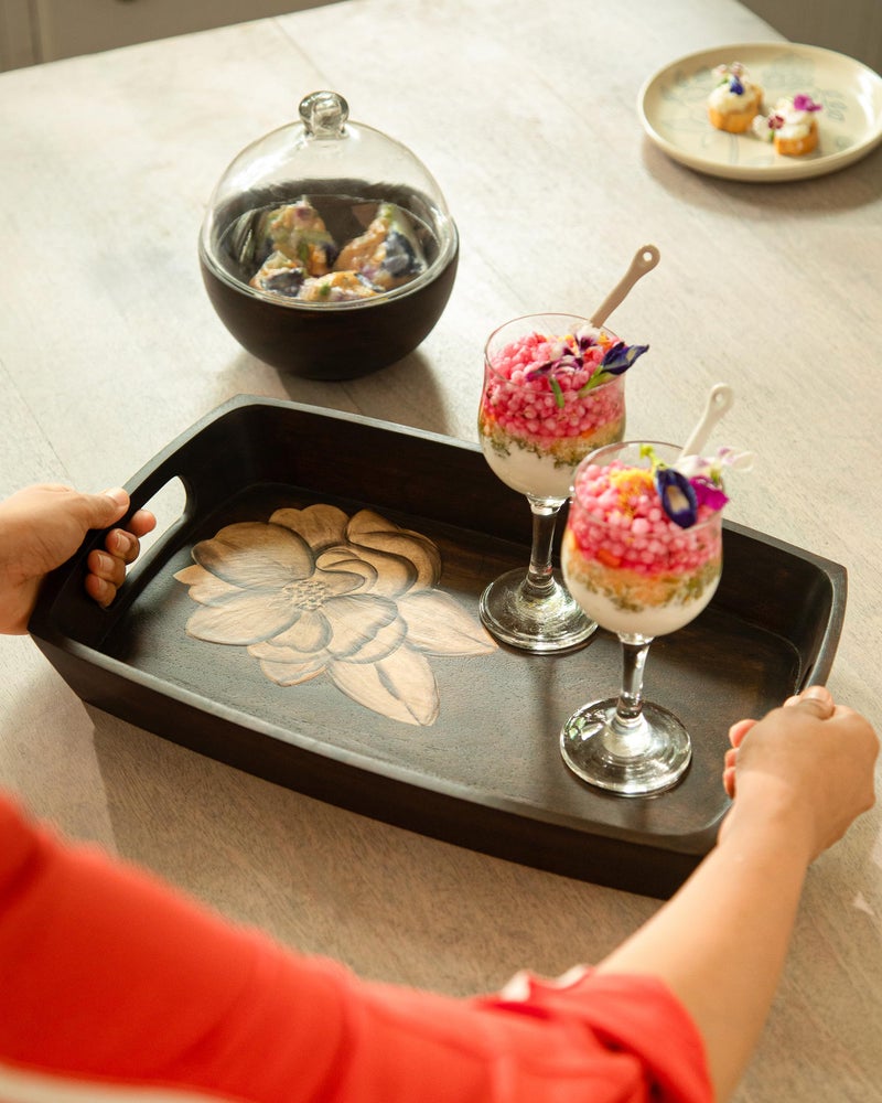 Ellementry Tashi Tray, Elegant Serving Platter with Wooden Board for Home & Dining, Stylish Serveware for Snacks, Appetizers, Fruits & Desserts - Image 2