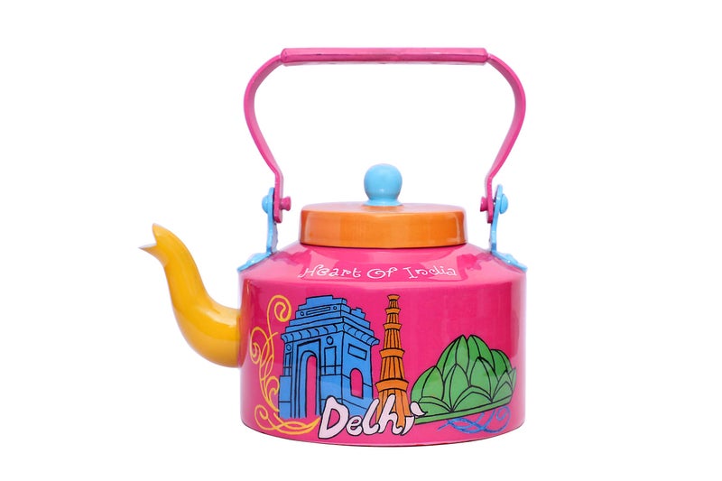 A Krazy Mug Hand Painted Colourful Traditional Delhi City Theme Design Desi Tea Chai Décor for Home, Café, Restaurant Aluminium Kettle (1.25 L) - Image 1