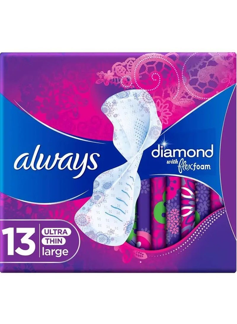 Always Diamond FlexFoam Large Sanitary Pads with Wings 13 Count
