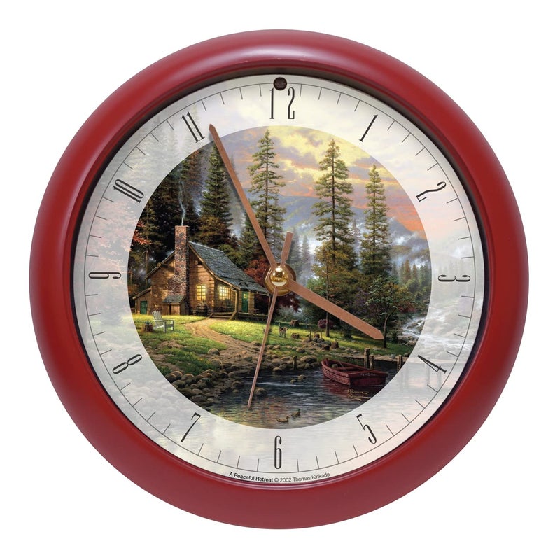 Mark Feldstein & Associates Thomas Kinkade Peaceful Retreat Meditative Nature Sound Clock, 8 Inch, Red, for Wall or Desk - Image 1