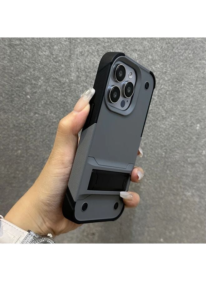 Grey Hybrid Armor Phone Case with Folding Stand Compatible with iPhone 13 Shockproof Protective Cover - Image 1