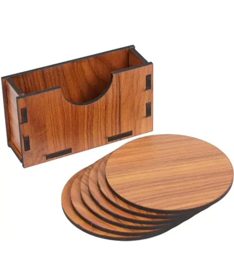 Aartor Wooden Coaster Set with Holder, 6 Round Coasters, 10 cm, Brown - Image 1