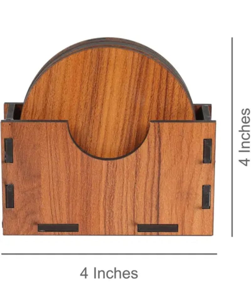 Aartor Wooden Coaster Set with Holder, 6 Round Coasters, 10 cm, Brown - Image 3