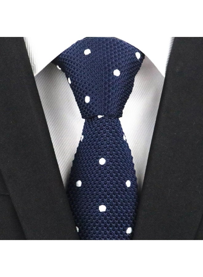 Men's Knit Skinny Necktie, Navy Blue with White Polka Dots, Cotton Silk Blend, 146cm, Square-Cut - Image 2