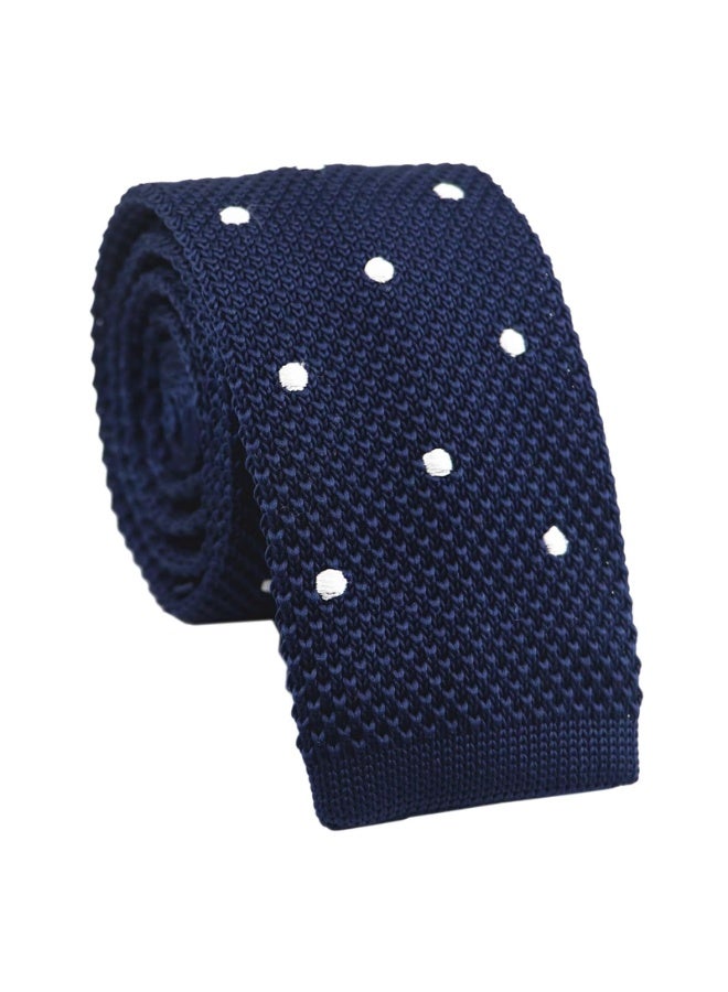 Men's Knit Skinny Necktie, Navy Blue with White Polka Dots, Cotton Silk Blend, 146cm, Square-Cut - Image 1