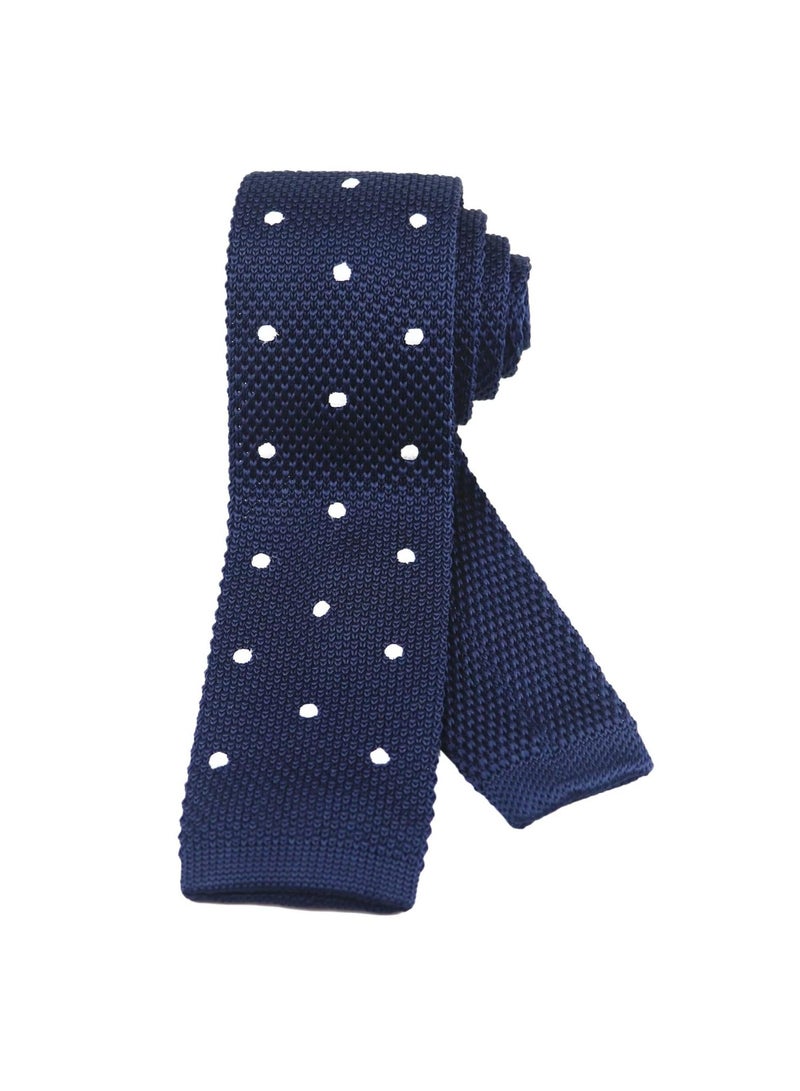 Men's Knit Skinny Necktie, Navy Blue with White Polka Dots, Cotton Silk Blend, 146cm, Square-Cut - Image 3