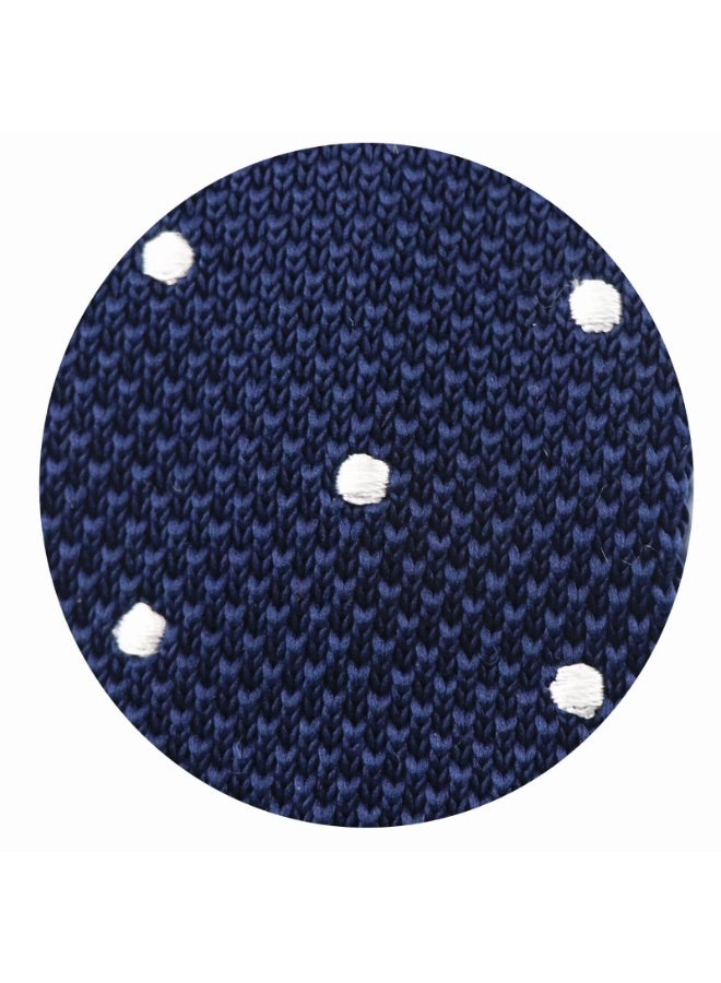 Men's Knit Skinny Necktie, Navy Blue with White Polka Dots, Cotton Silk Blend, 146cm, Square-Cut - Image 4