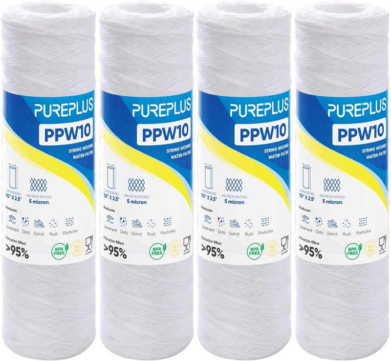 Pure Plus PUREPLUS 5 Micron 10"x2.5" Whole House String Wound Sediment Filter for Well Water, Replacement Cartridge for Universal 10 inch RO System, WP-5, Aqua-Pure AP110, CFS110, Culligan P5, WFPFC4002,4Pack - Image 1